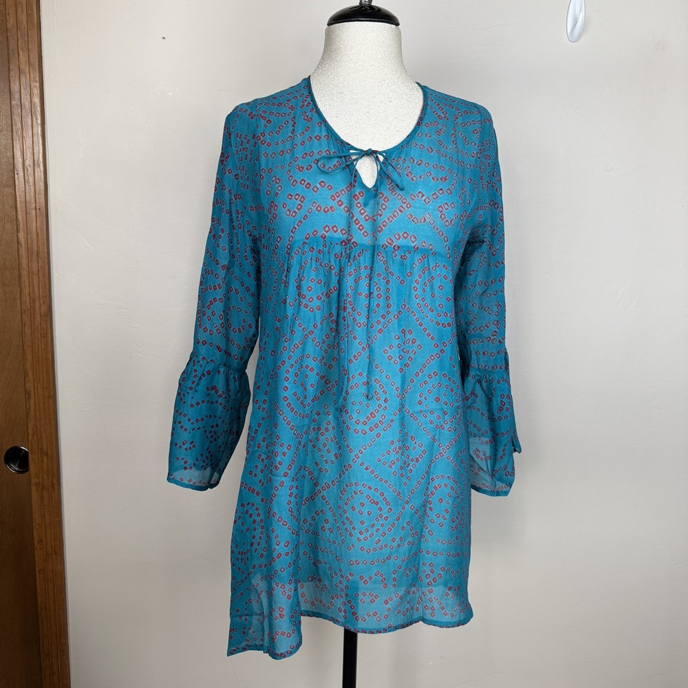Joshi Tunic Top Womens Small Blue Red‎ Silk Boho Peasant Blouse Bell Sleeve